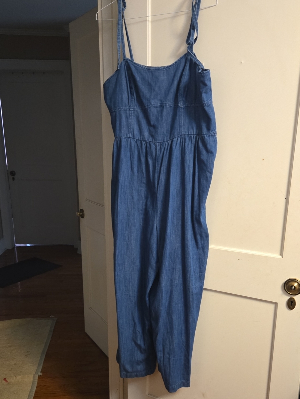 Old Navy Blue Denim Straight-Leg Jumpsuit with Tie Straps